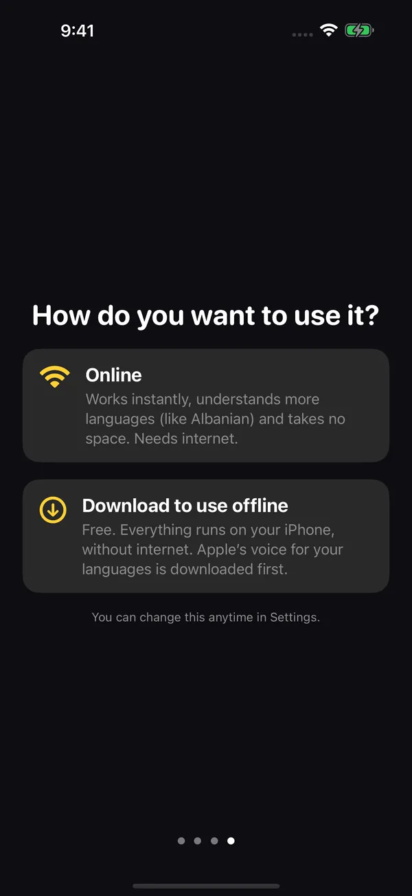 Screen to choose between Online mode and downloading for offline use