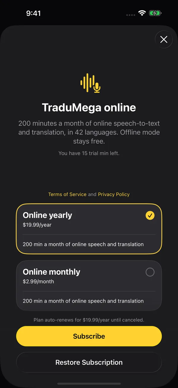 TraduMega online plans: yearly at $19.99 and monthly at $2.99, both with 200 minutes a month